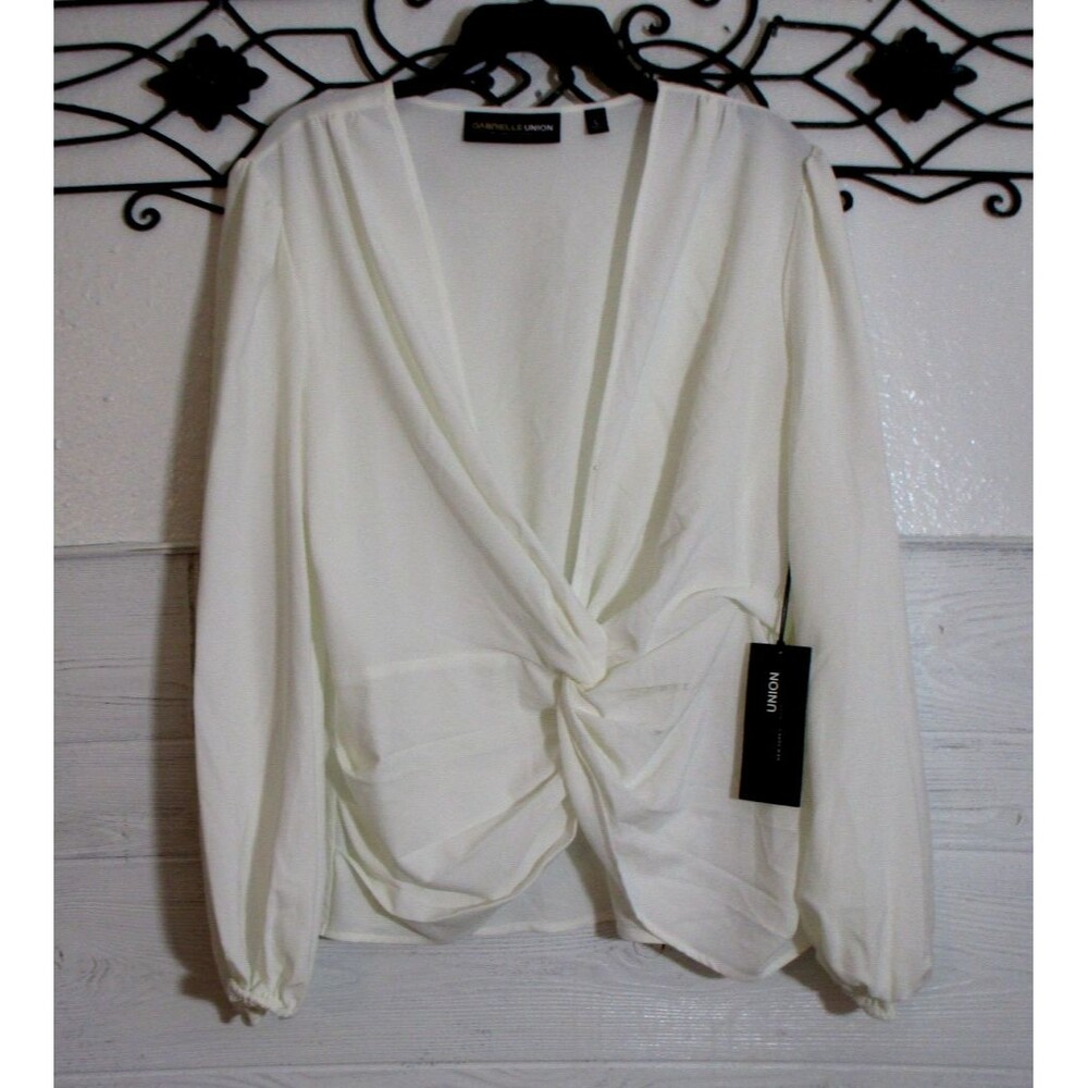 New York & Compant Women's Top Size L Ivory Long Sleeve V Neck Blouse